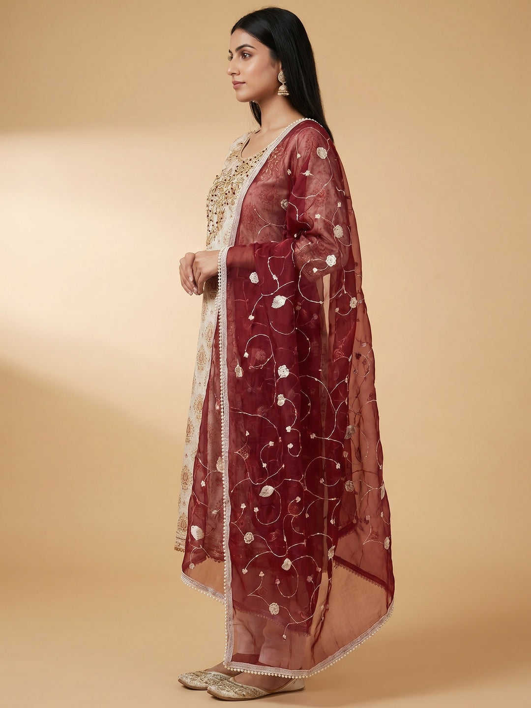 Off White & Maroon Printed Chanderi Silk Dress Material - Image 2
