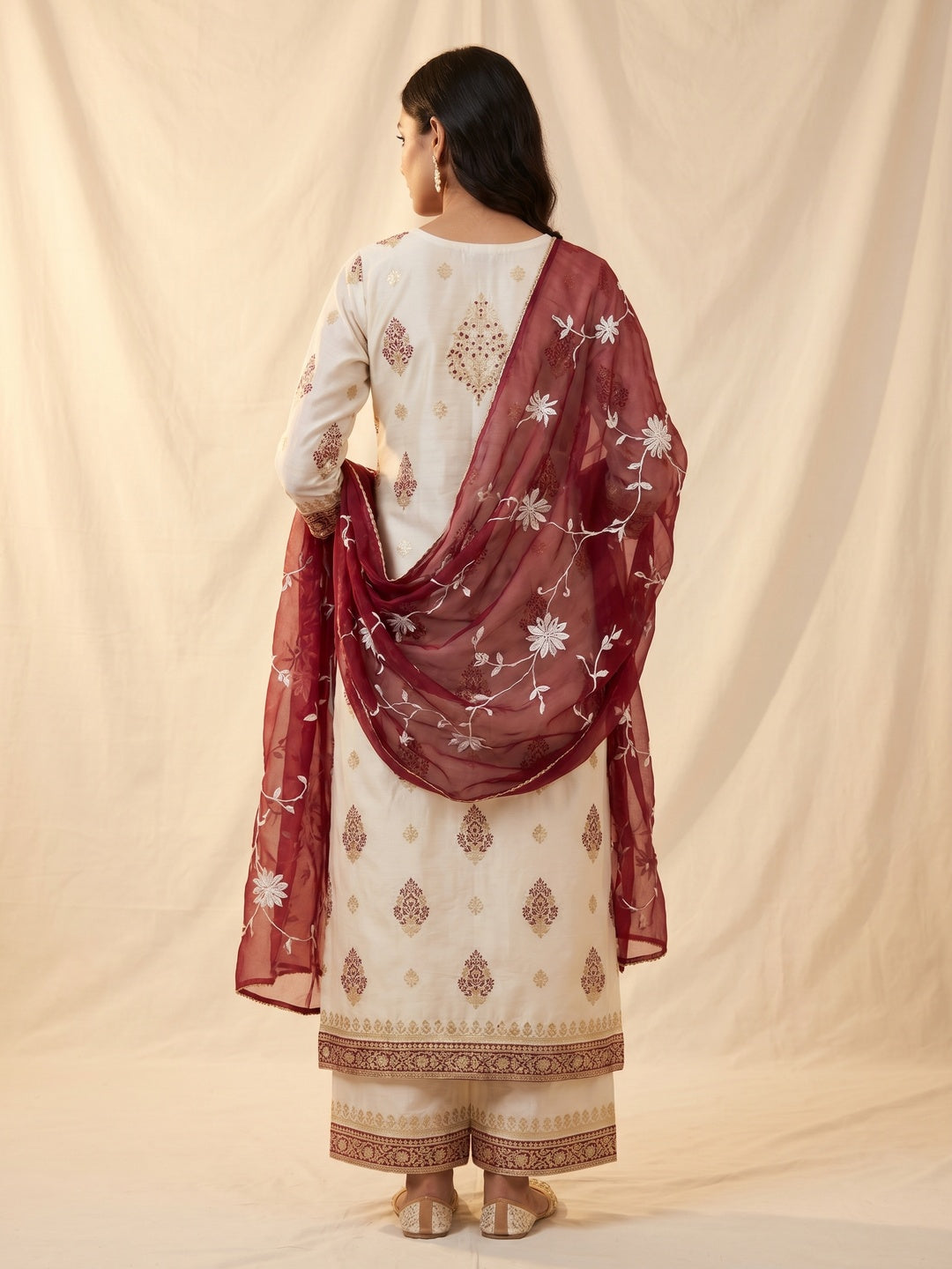 Off White & Maroon Printed Chanderi Silk Dress Material - Image 3