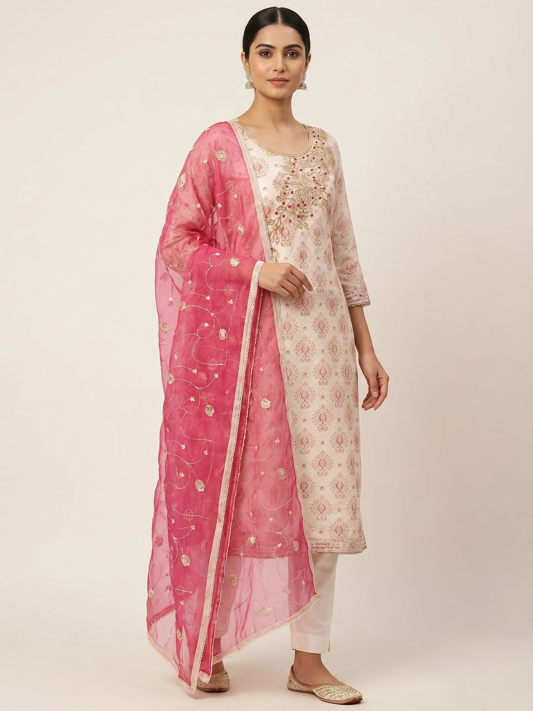 Off White & Pink Printed Chanderi Silk Dress Material - Image 1