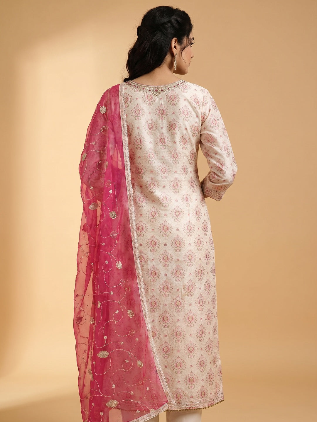 Off White & Pink Printed Chanderi Silk Dress Material - Image 3