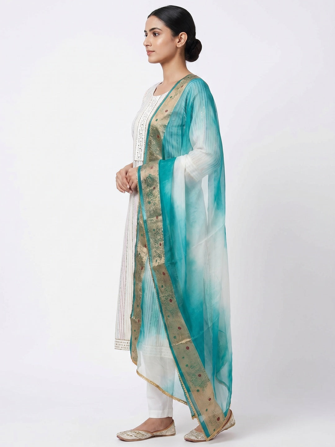 White Striped Woven Pure Cotton Dress Material - Image 2