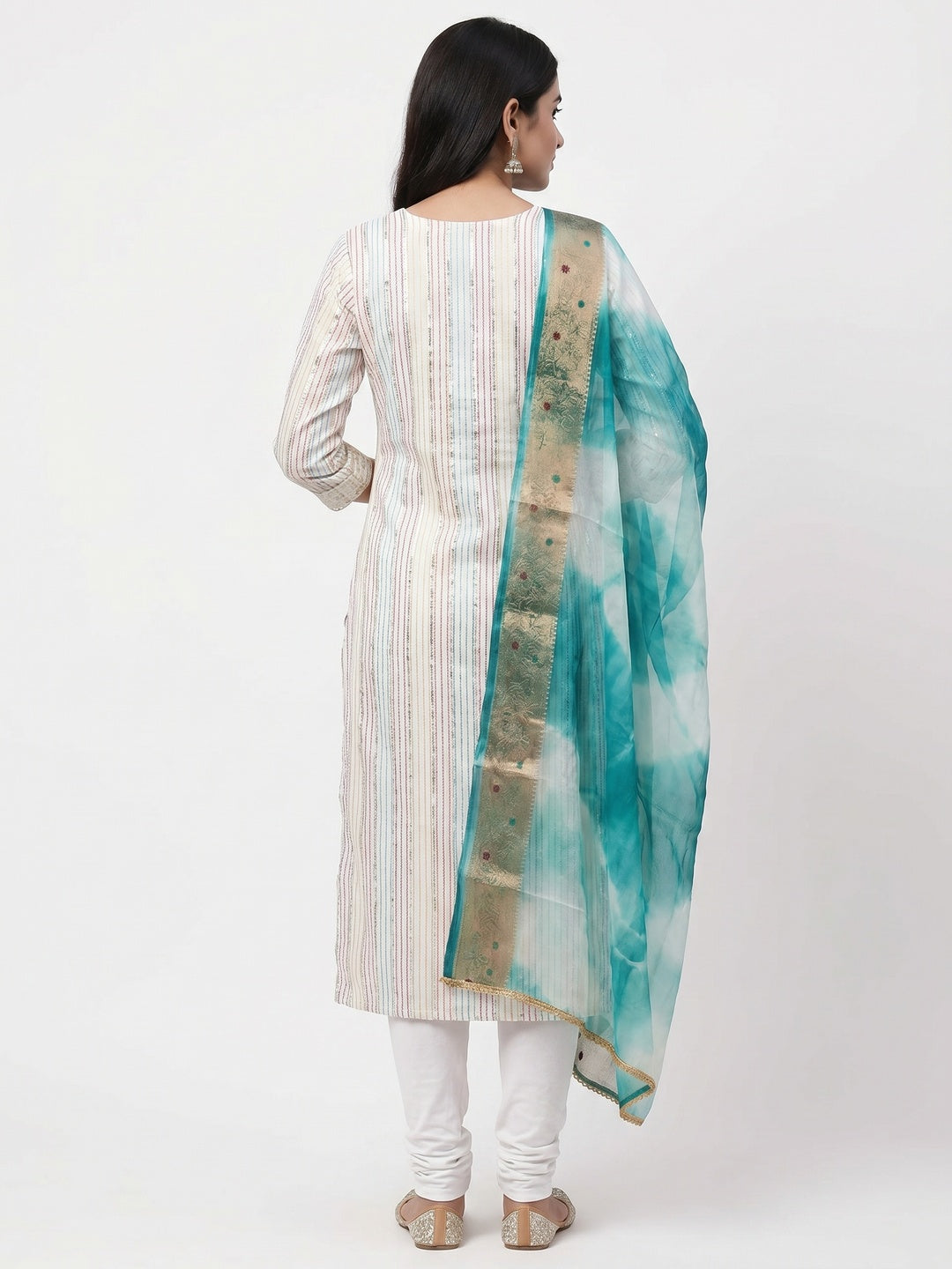 White Striped Woven Pure Cotton Dress Material - Image 3