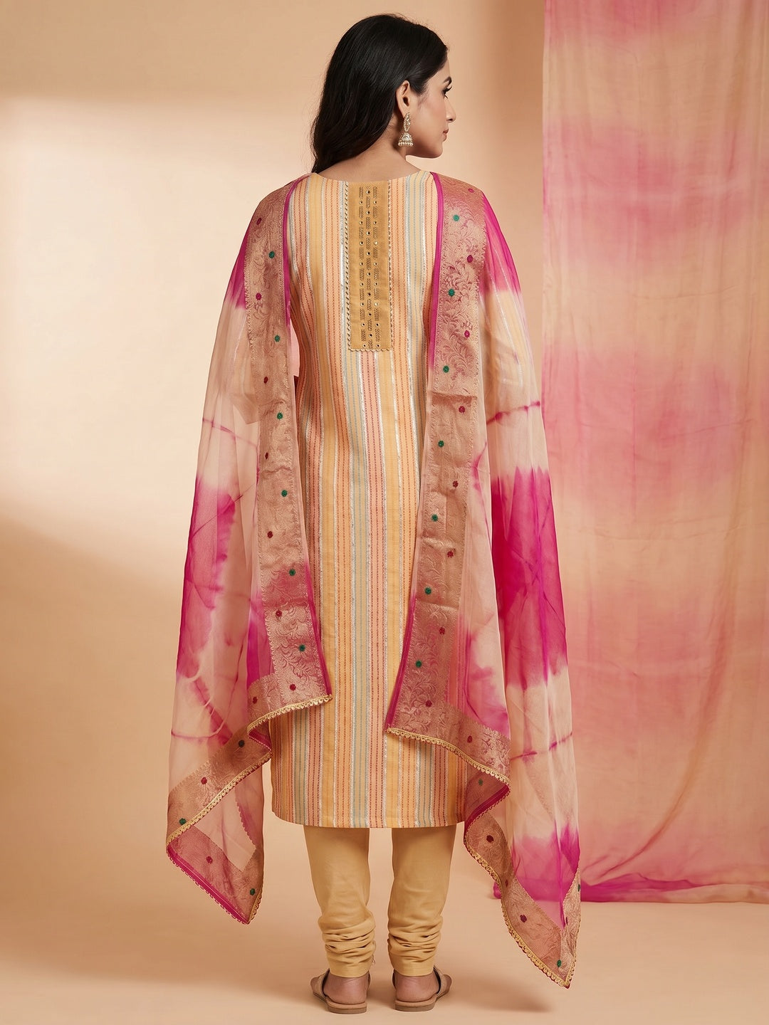 Beige Striped Woven Pure Cotton Dress Material - Image 2