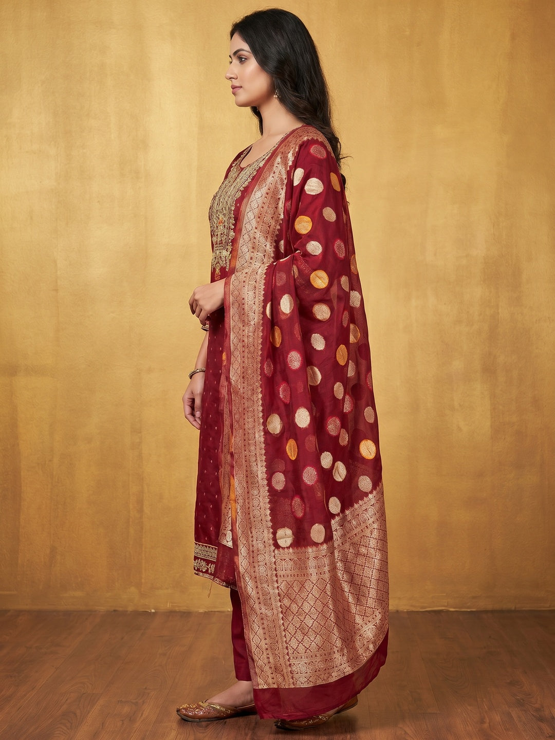 Maroon Butti With Embroidered Chanderi Dress Material - Image 3