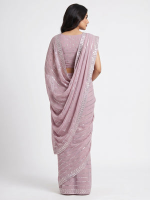Light Mauve Embroidered Chiffon Saree With Sequins Border - Image 1