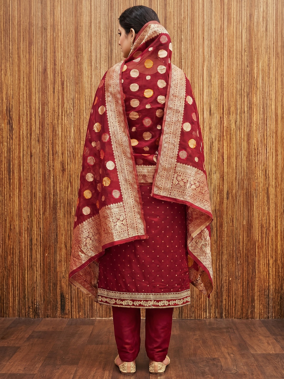 Maroon Butti With Embroidered Chanderi Dress Material - Image 2