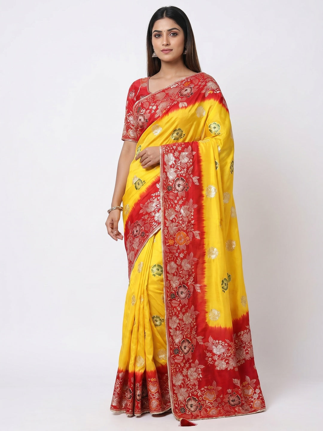Yellow Floral Woven Pure Silk Saree With Tassels - Image 1