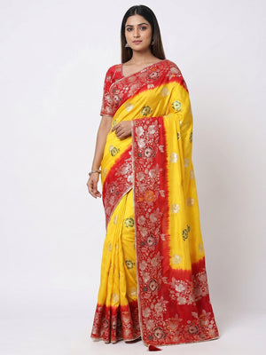 Yellow Floral Woven Pure Silk Saree With Tassels - Image 1