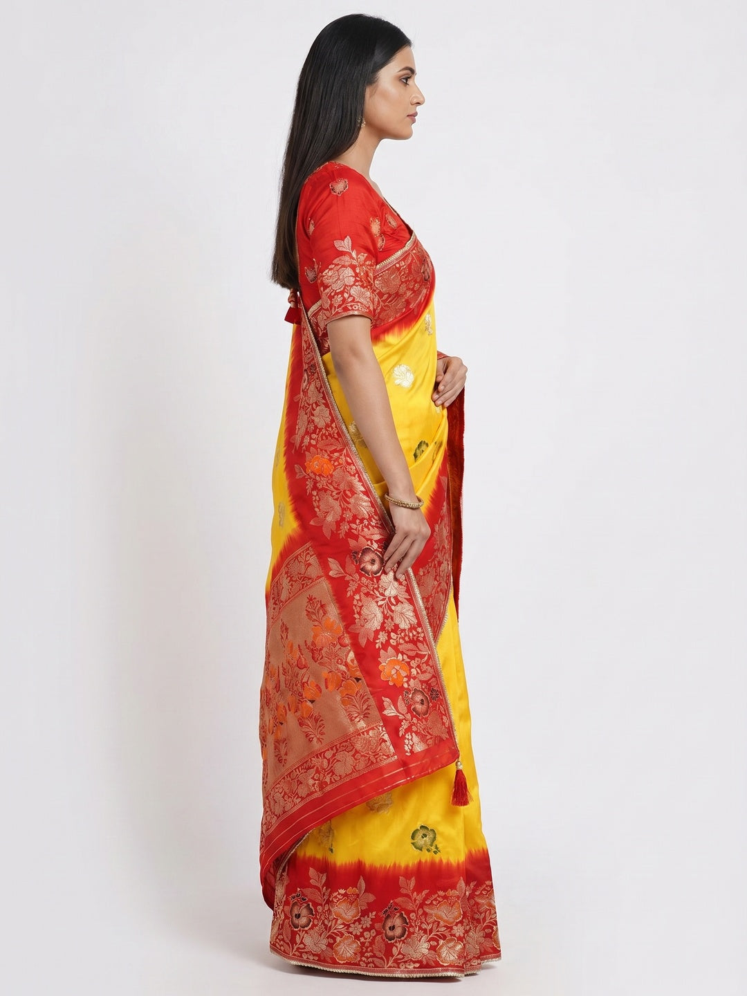 Yellow Floral Woven Pure Silk Saree With Tassels - Image 3