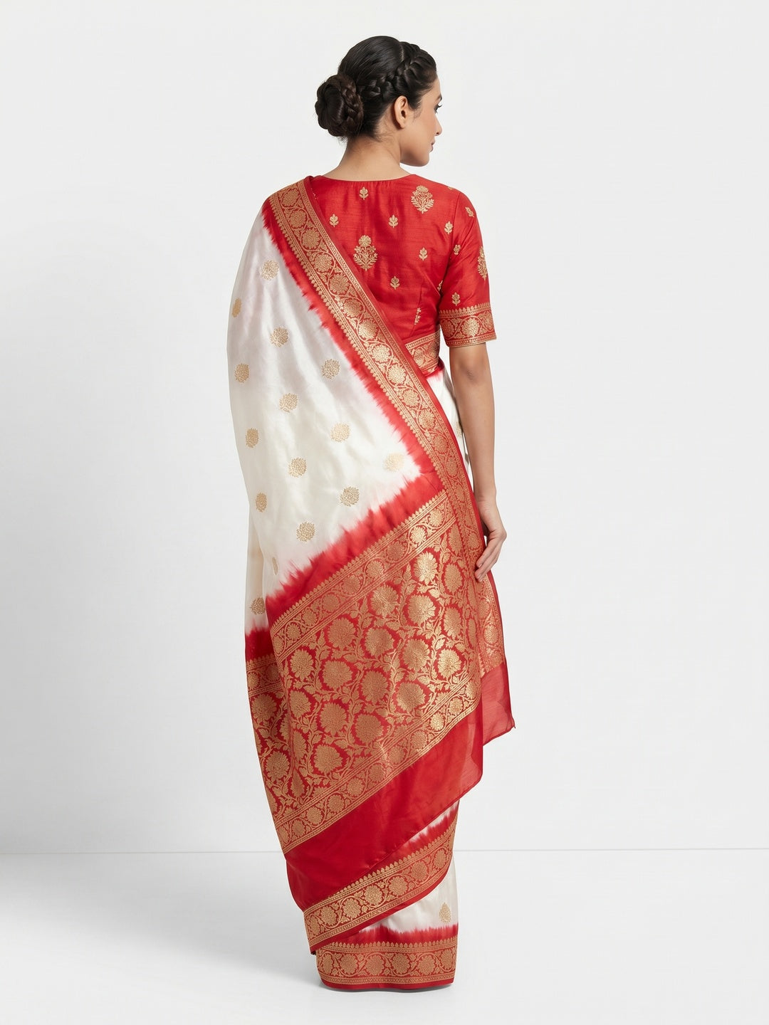 White Floral Woven Pure Silk Saree With Tassels - Image 3