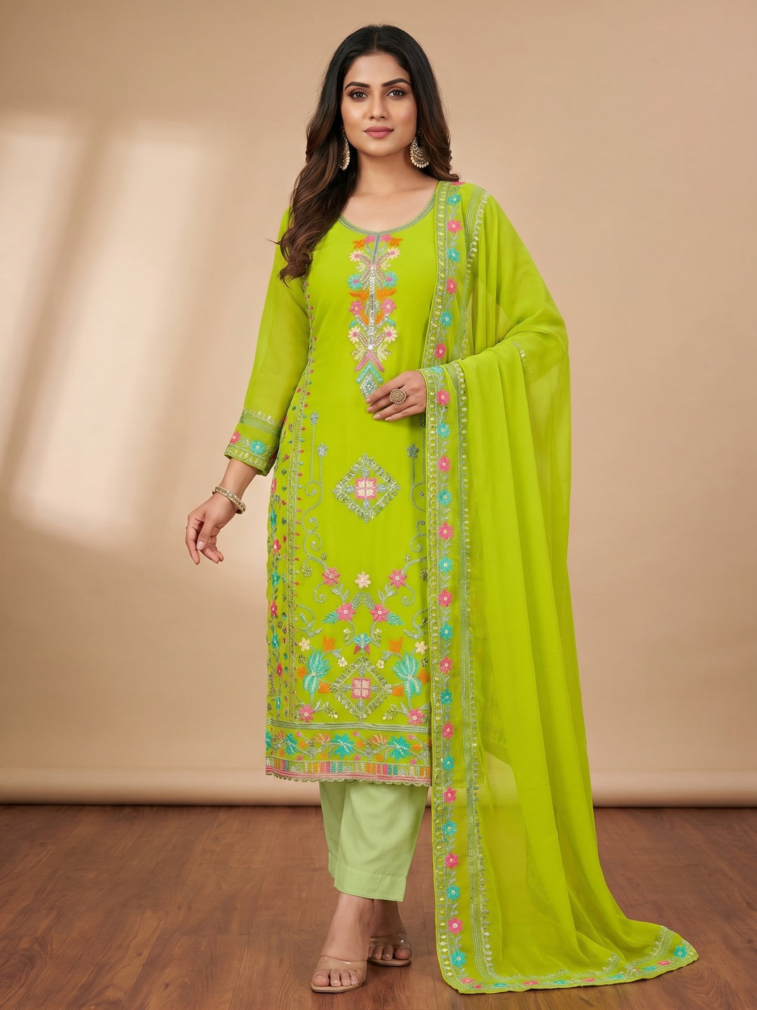 Parrot Green Floral Sequins Embroidered Georgette Dress Material - Image 1