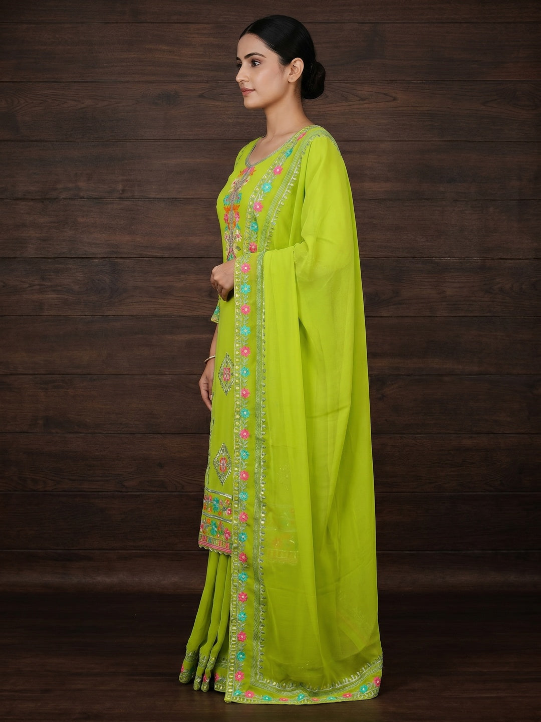 Parrot Green Floral Sequins Embroidered Georgette Dress Material - Image 2