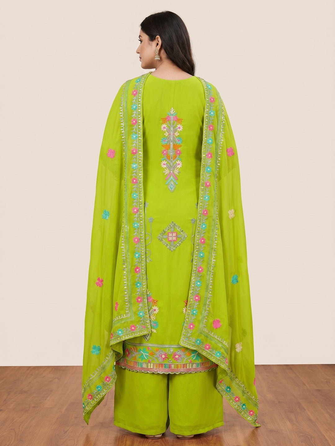 Parrot Green Floral Sequins Embroidered Georgette Dress Material - Image 3