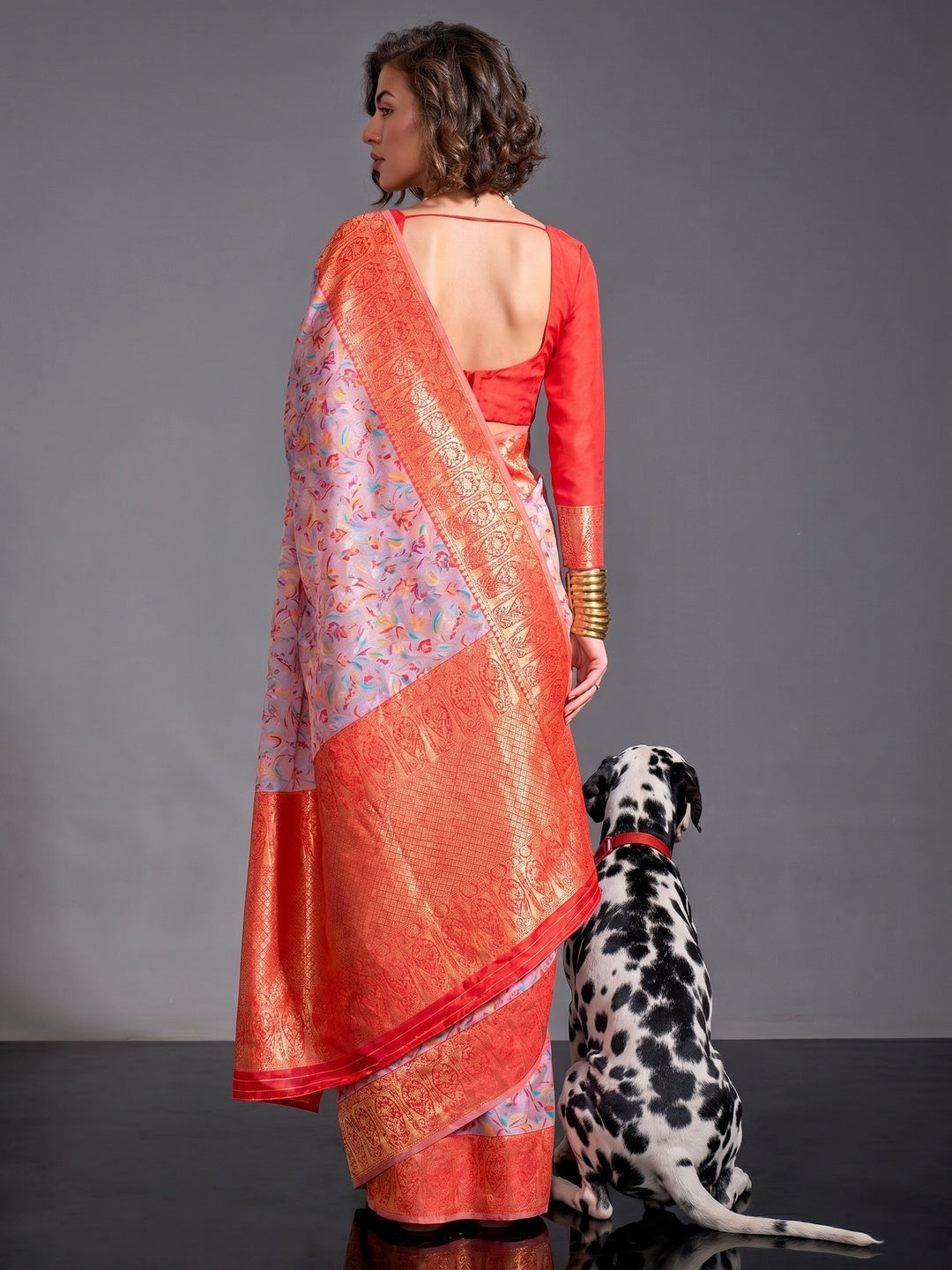 Pink Floral Woven Chanderi Silk Saree - Image 1
