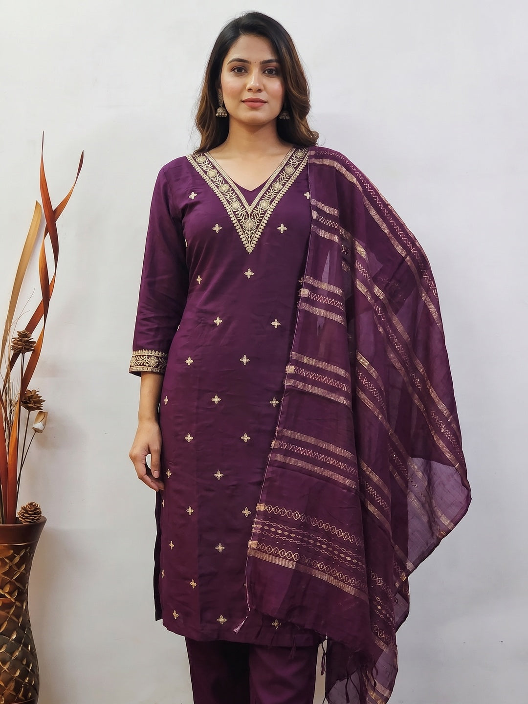 Purple Floral Embroidered Viscose Dress Material - Image 1