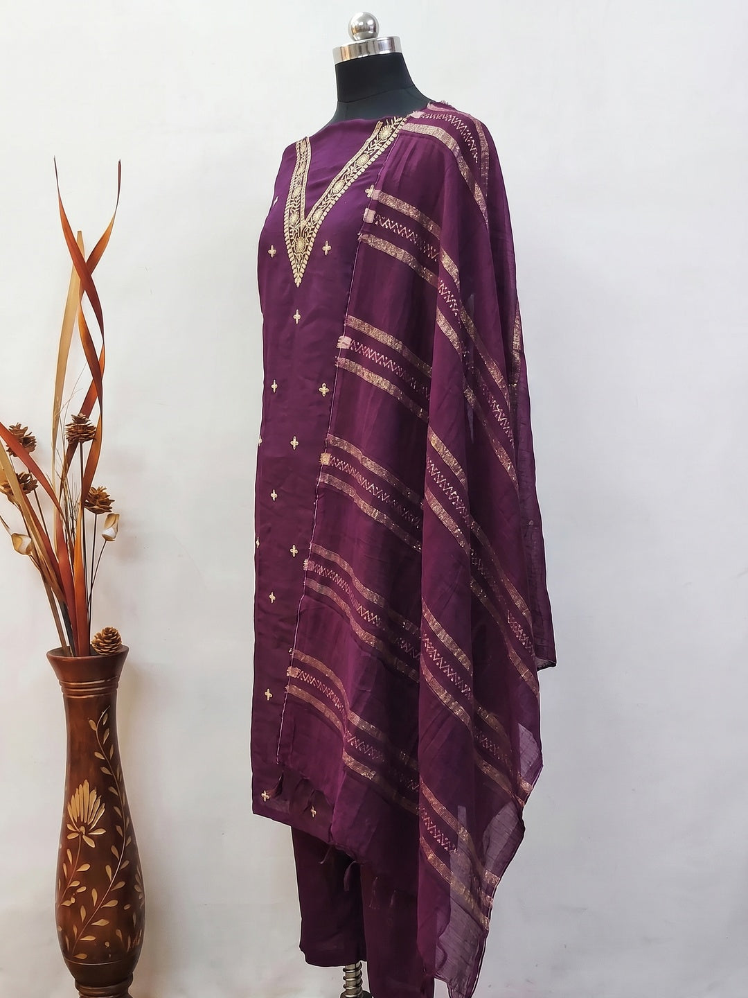 Purple Floral Embroidered Viscose Dress Material - Image 3