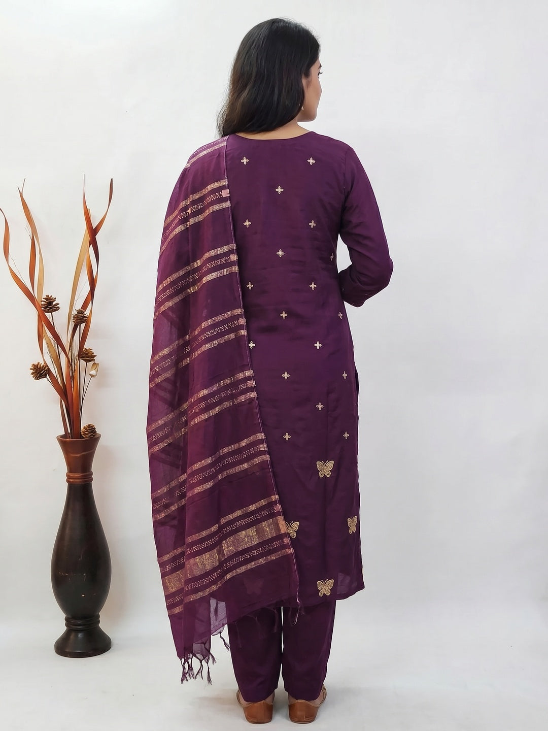 Purple Floral Embroidered Viscose Dress Material - Image 2