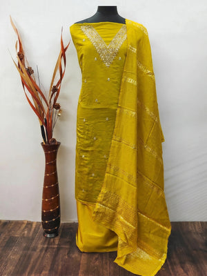 Mustard Floral Embroidered Viscose Dress Material - Image 1