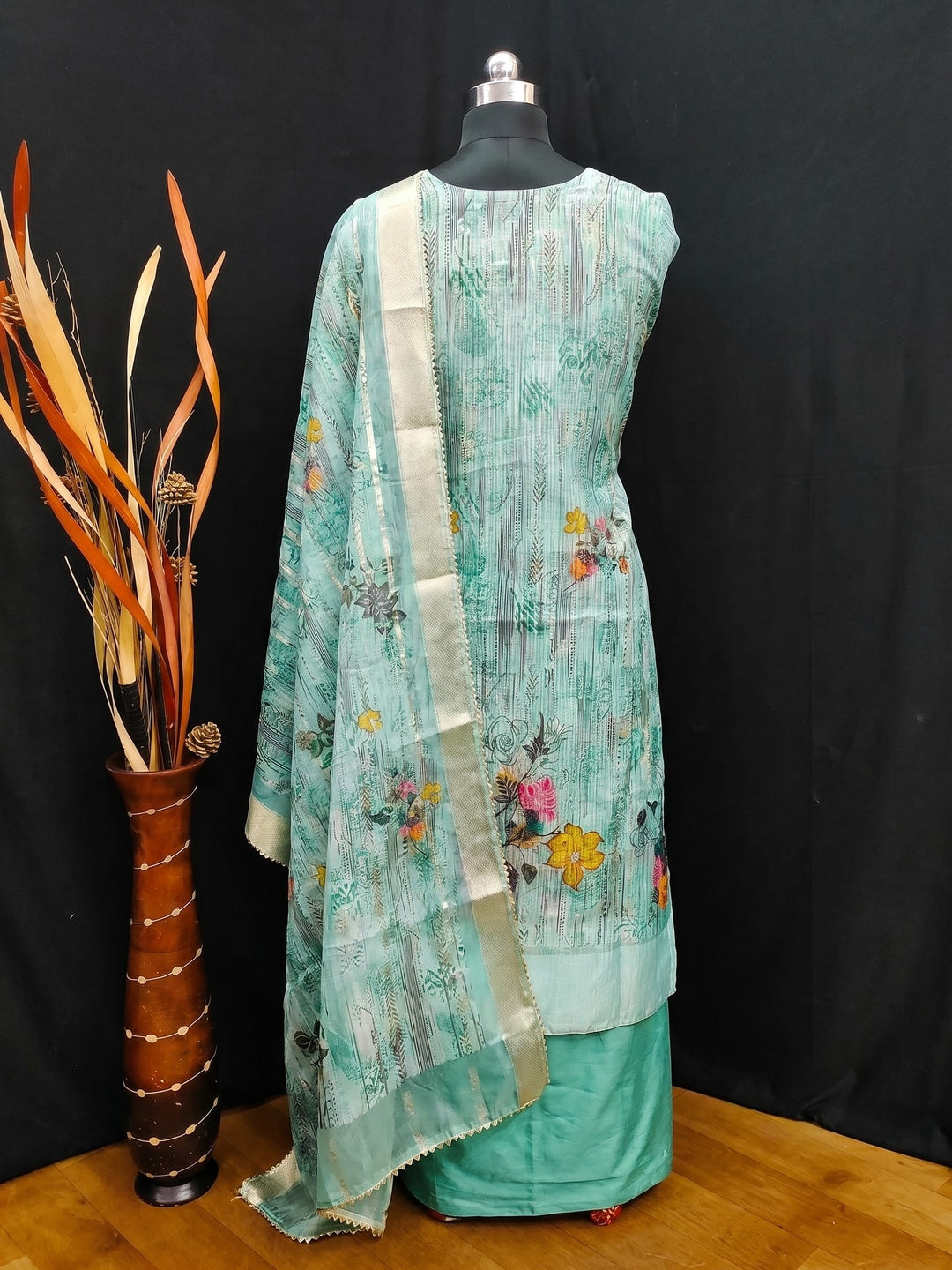 Turquoise Floral Printed With Swarovski Work Organza Dress Material - Image 3