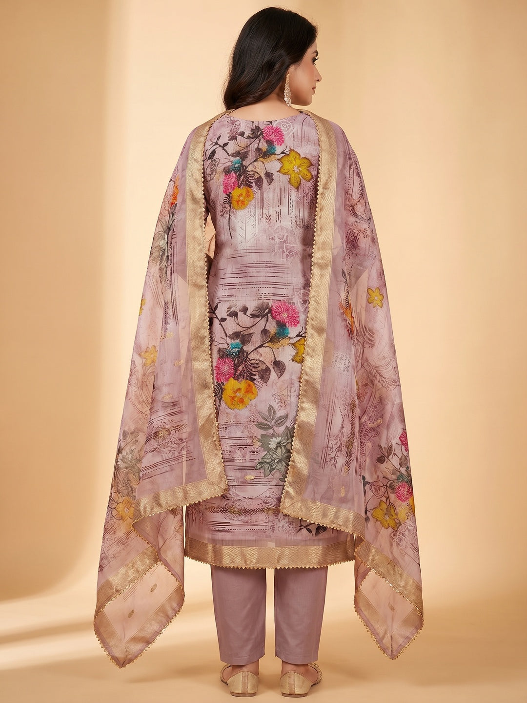 Mauve Floral Printed With Swarovski Work Organza Dress Material - Image 3