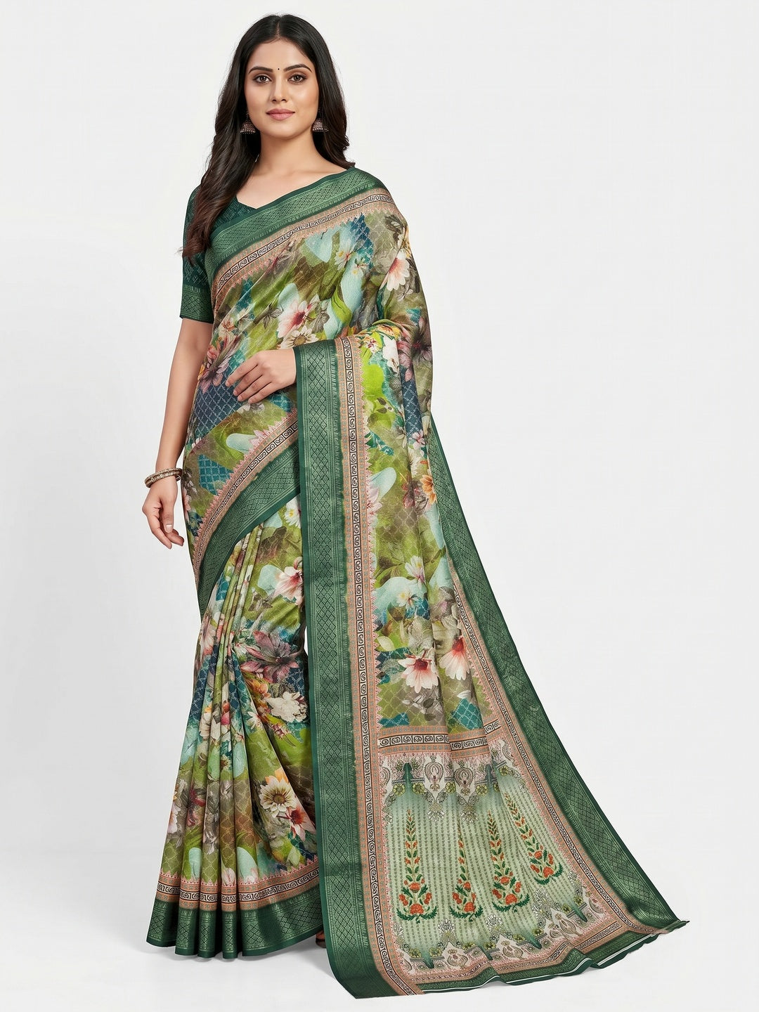 Green Floral Digital Printed Cotton Silk Saree With Woven Border - Image 1