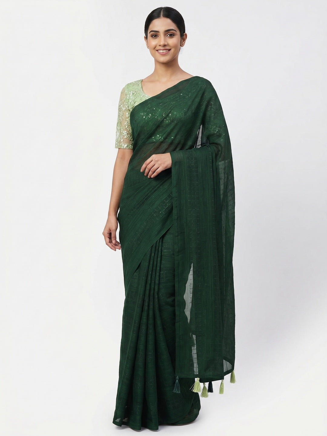 Green Woven Art Silk Saree With Tassels - Image 1