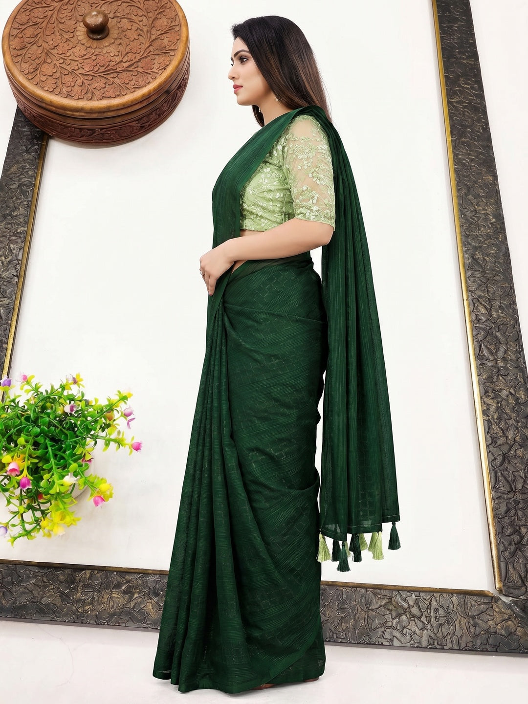 Green Woven Art Silk Saree With Tassels - Image 2