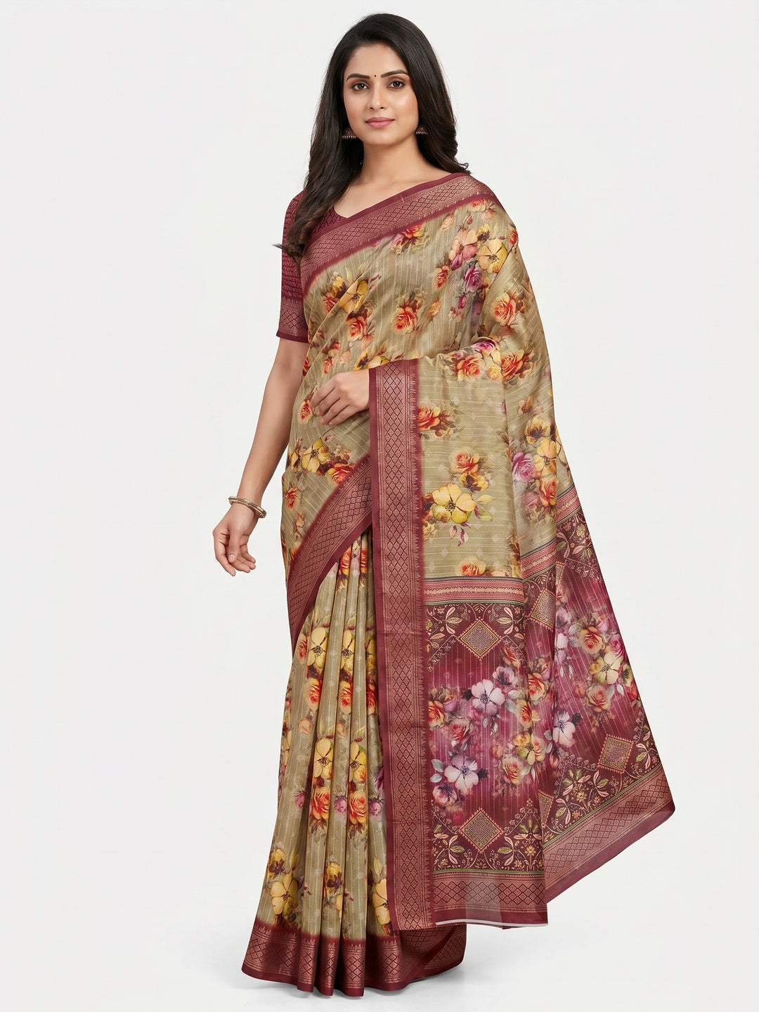 Chikoo Floral Digital Printed Cotton Silk Saree With Woven Border - Image 1