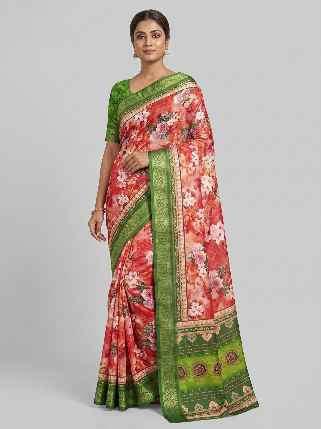 Red Floral Digital Printed Cotton Silk Saree With Woven Border - Image 1