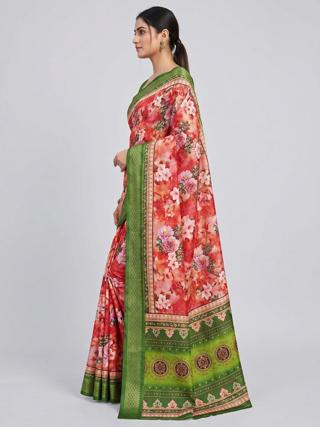 Red Floral Digital Printed Cotton Silk Saree With Woven Border - Image 3