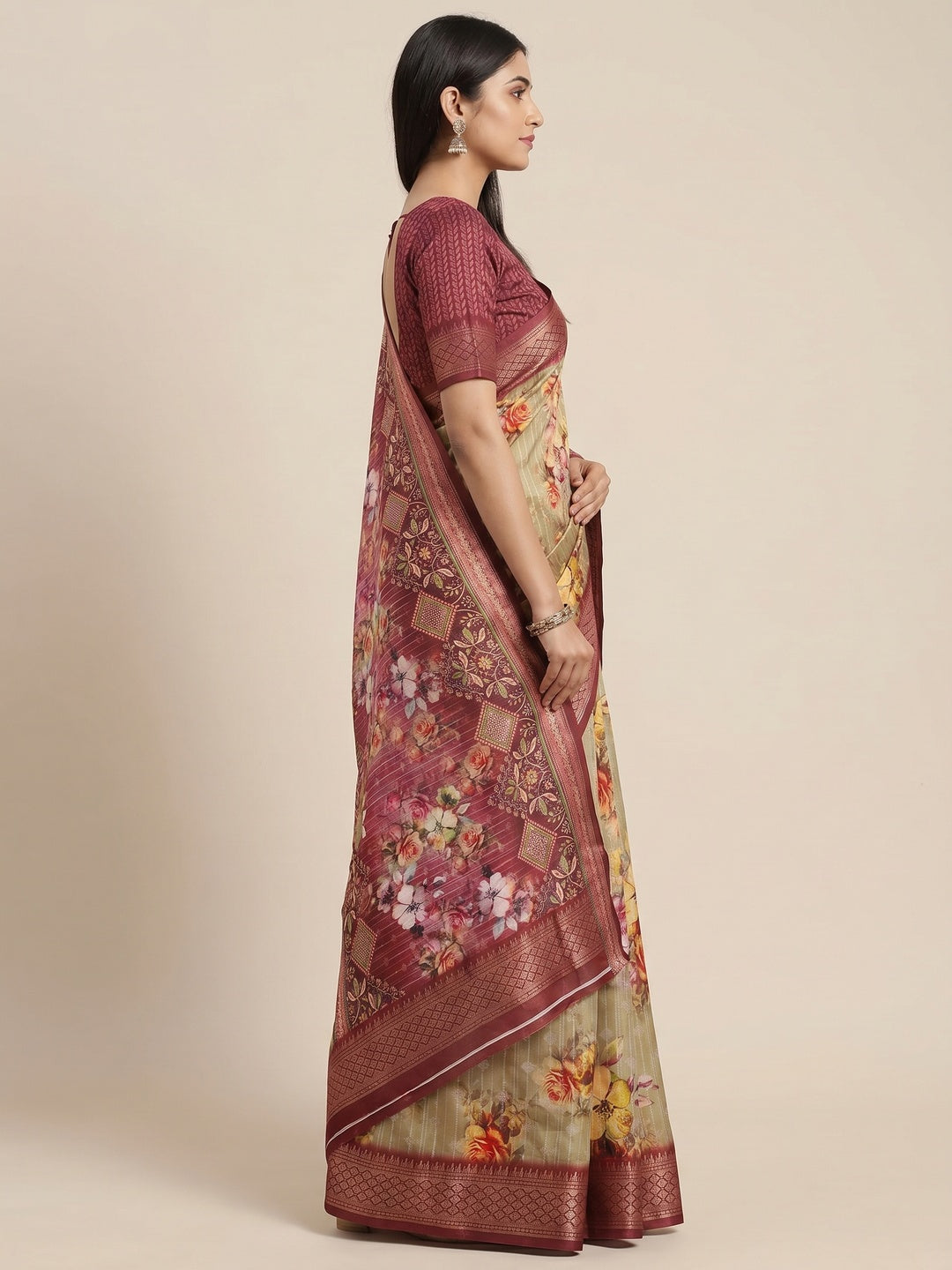 Chikoo Floral Digital Printed Cotton Silk Saree With Woven Border - Image 2
