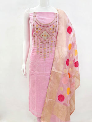 Pink Floral Sequins Embroidered Chanderi Dress Material - Image 1