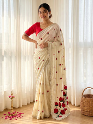 Elegant Cream & Red Floral Rangoli Saree with Mirror Work Border - Image 1