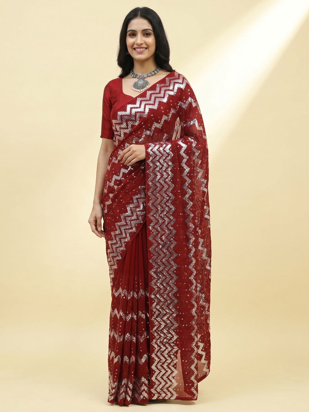 Cherry Red Sequins Embroidered Georgette Saree - Image 1