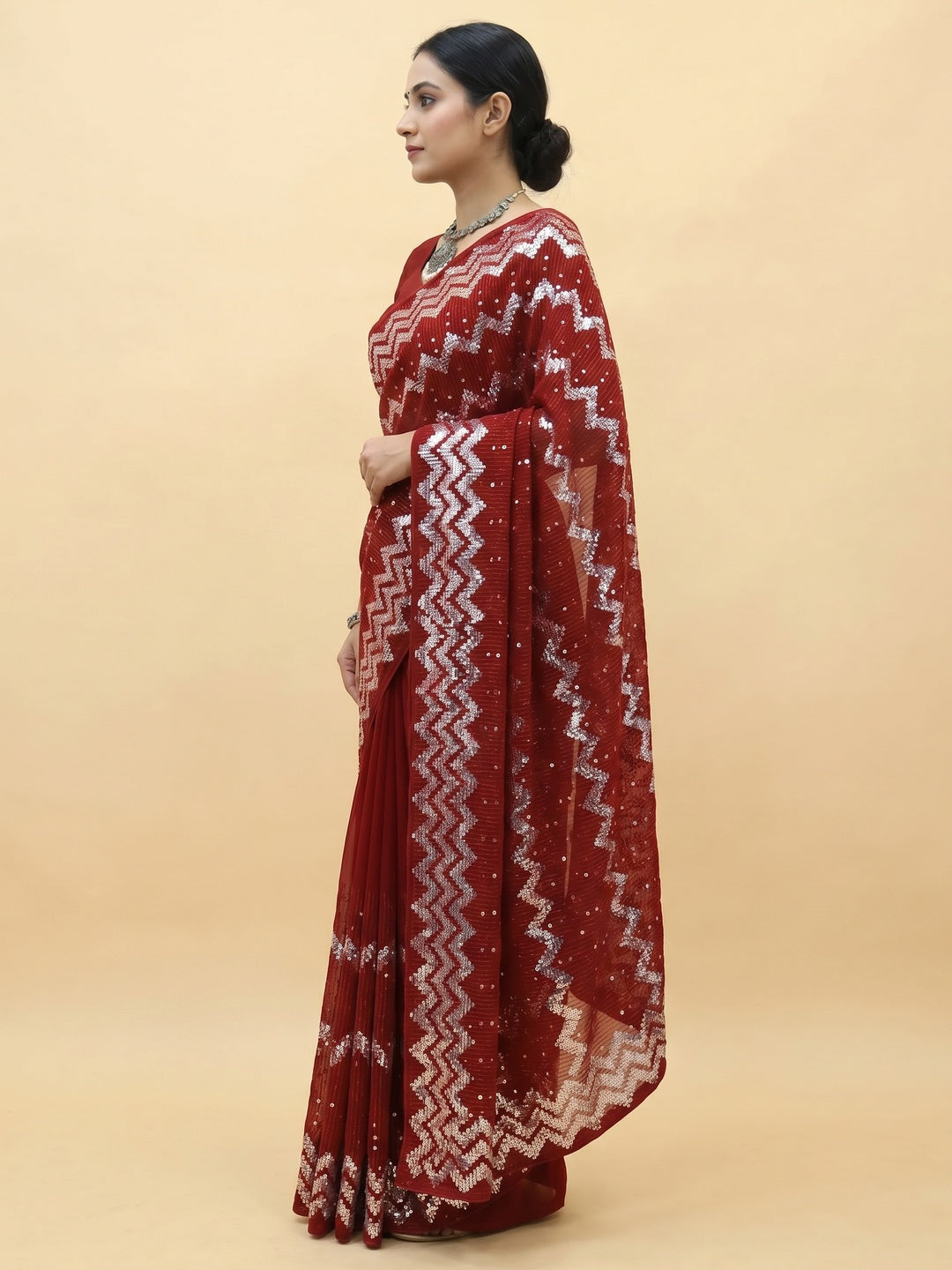 Cherry Red Sequins Embroidered Georgette Saree - Image 2