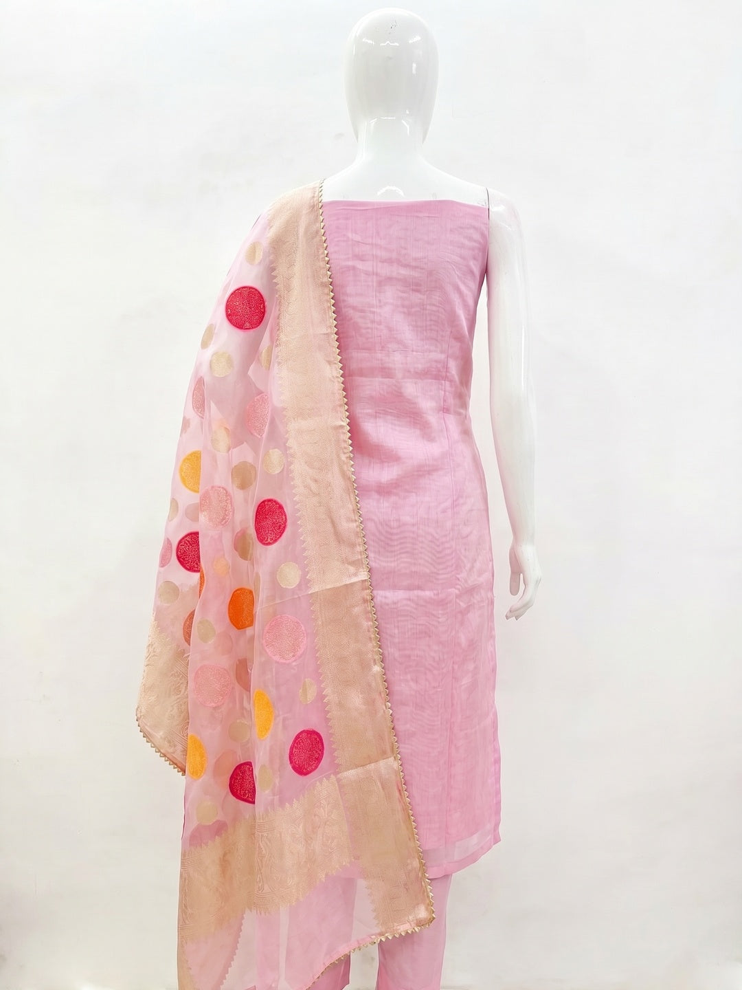 Pink Floral Sequins Embroidered Chanderi Dress Material - Image 2
