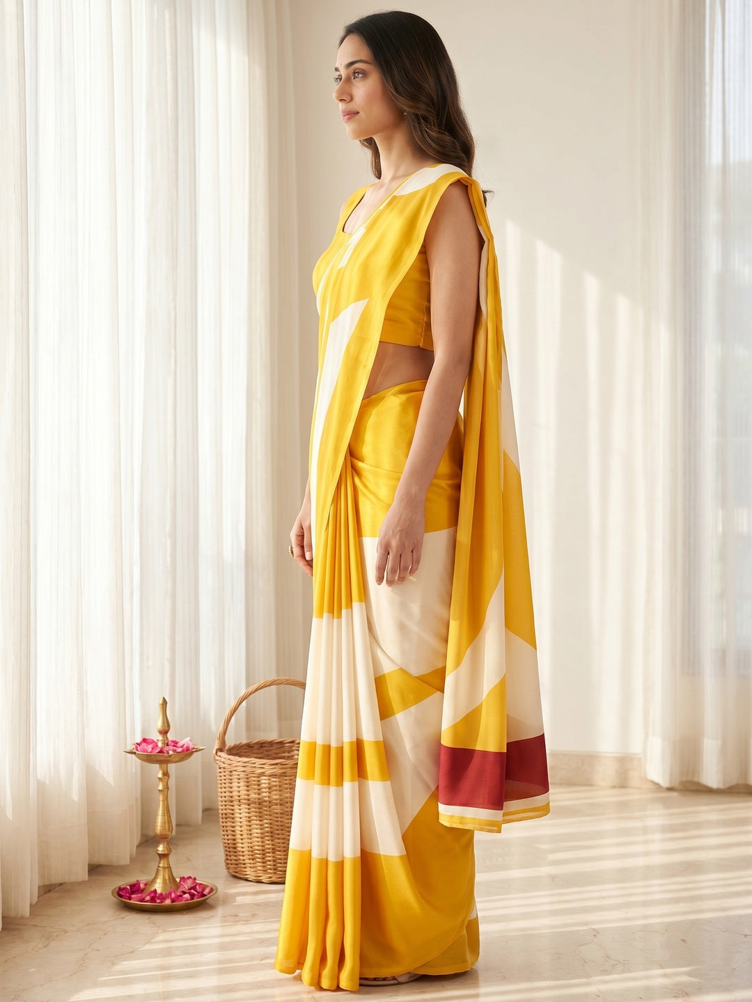 Radiant Yellow & White Crepe Saree With Elegant Digital Print Work  - Image 4