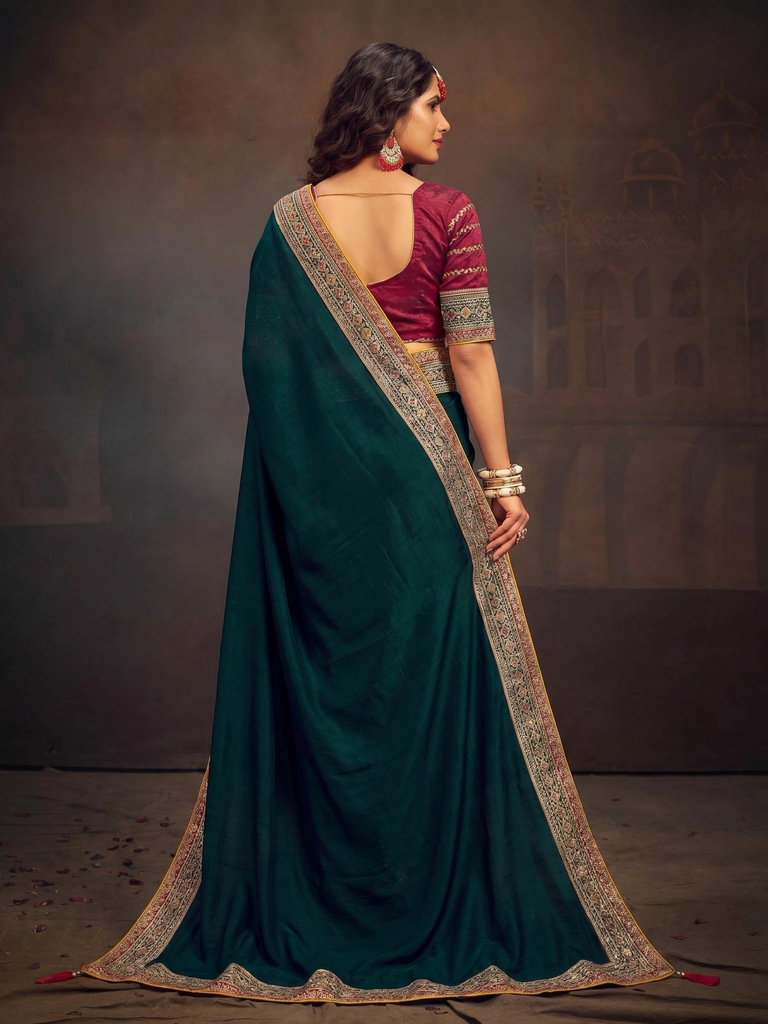 Morpich Green Solid With Embroidered Border Vichitra Silk Saree - Image 1
