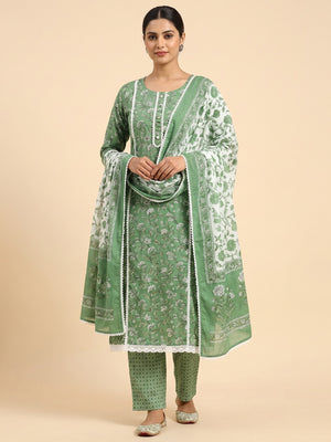 Green Floral Printed Cotton Blend Dress Material - Image 1