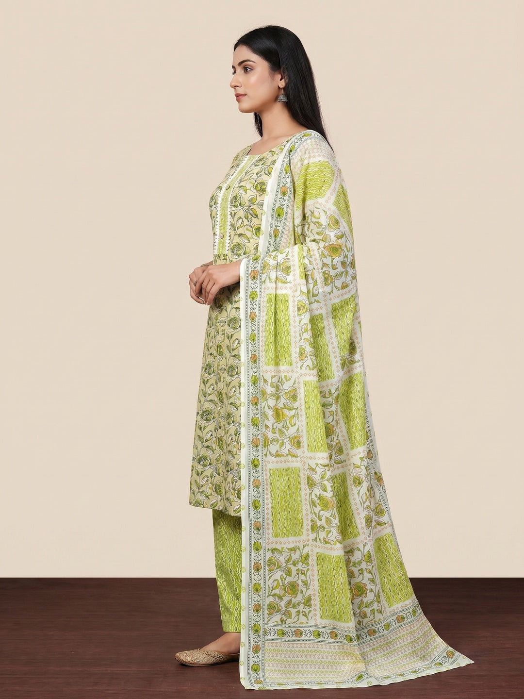 Green Floral Printed Cotton Blend Dress Material - Image 2