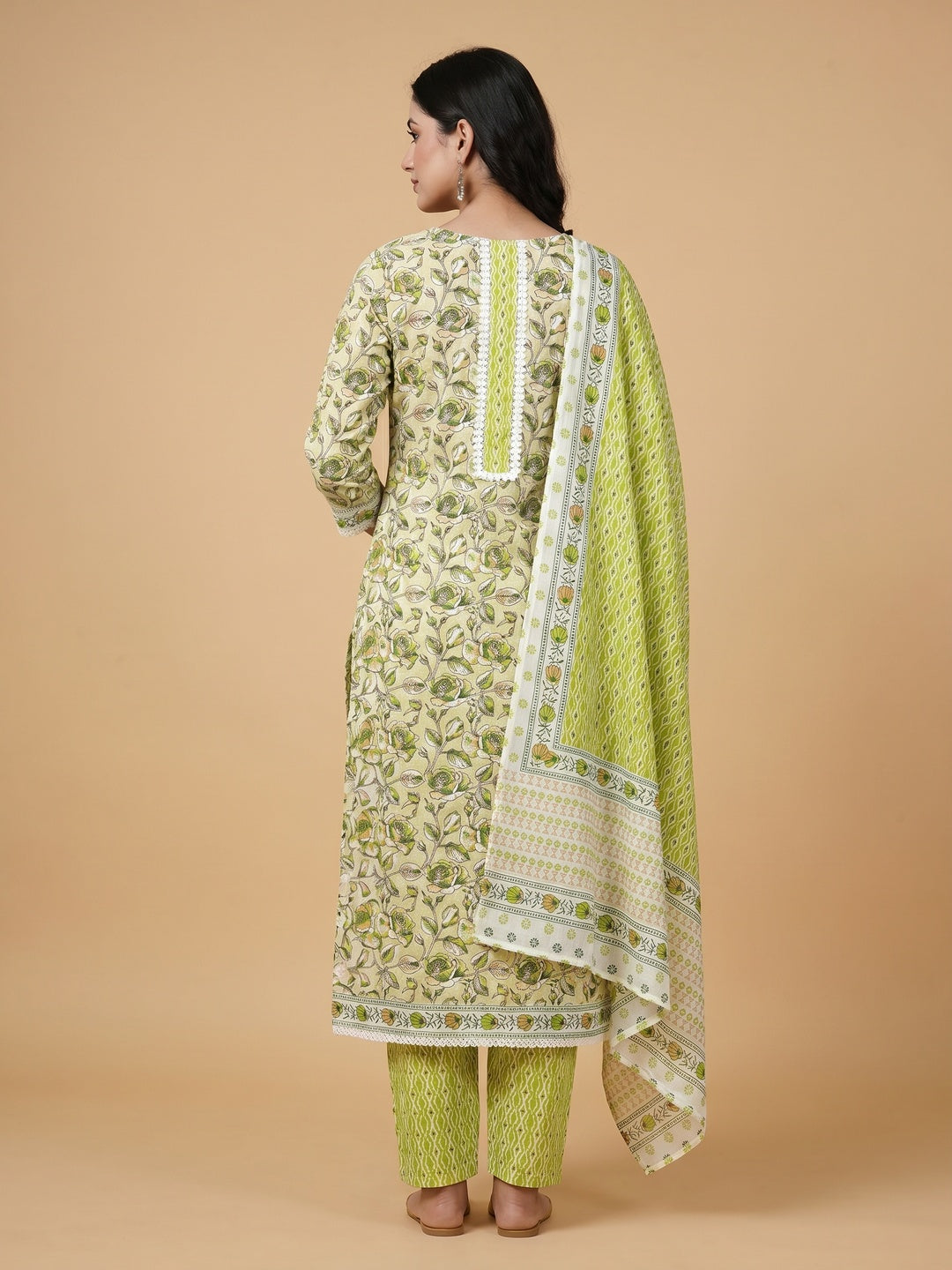 Green Floral Printed Cotton Blend Dress Material - Image 3
