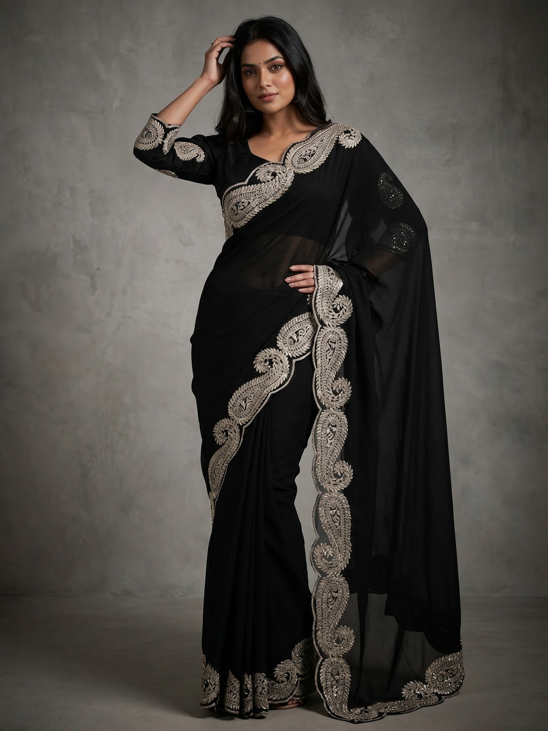 Elegant Black Silk Blend Saree with Intricate Paisley Embroidery - Image 1