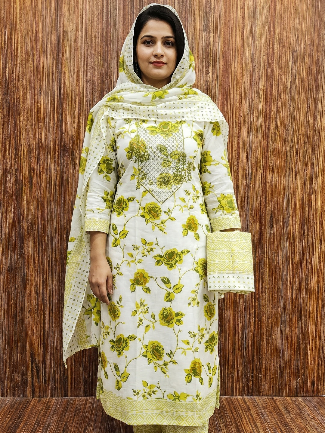 White & Green Floral Printed With Sequins Work Cotton Blend Dress Material - Image 1