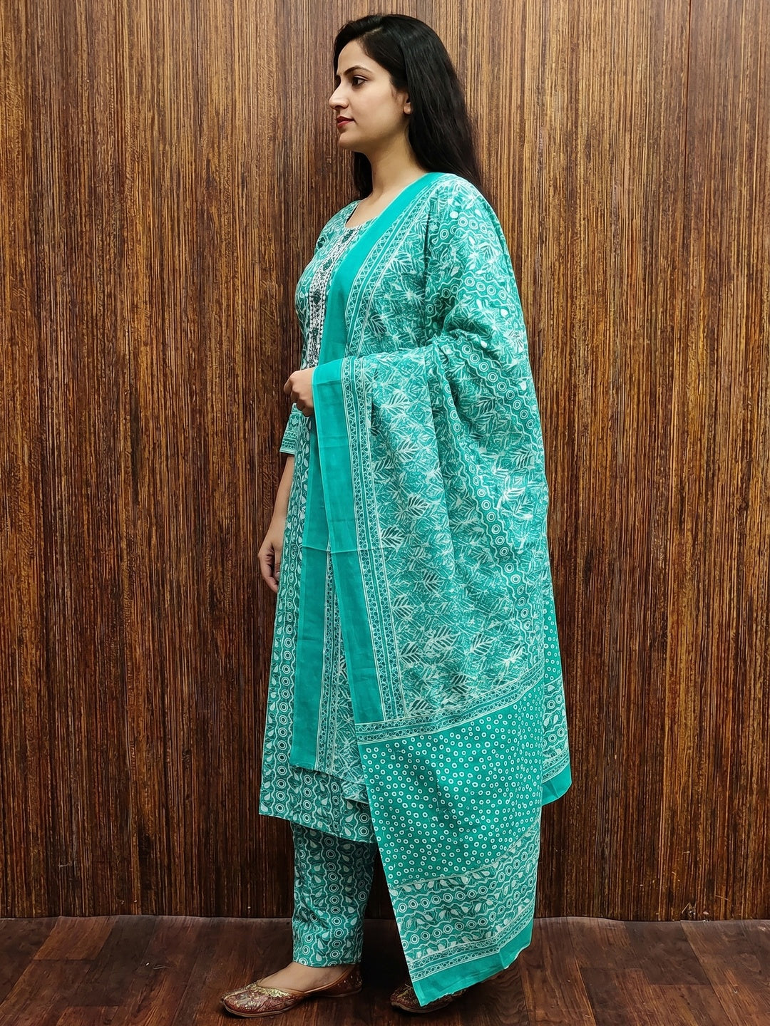 Turquoise Printed With Embroidered Cotton Blend Dress Material - Image 3