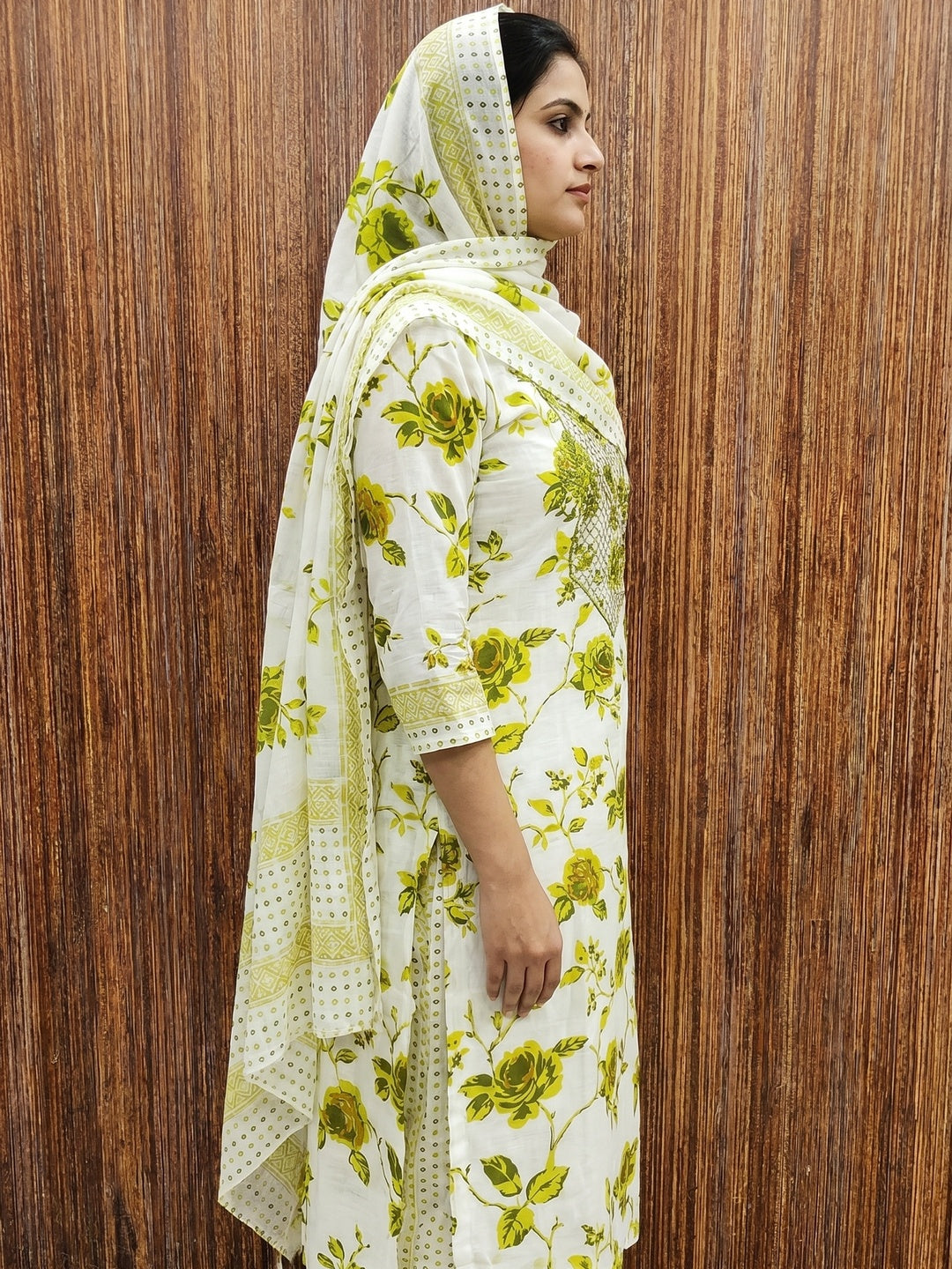 White & Green Floral Printed With Sequins Work Cotton Blend Dress Material - Image 3