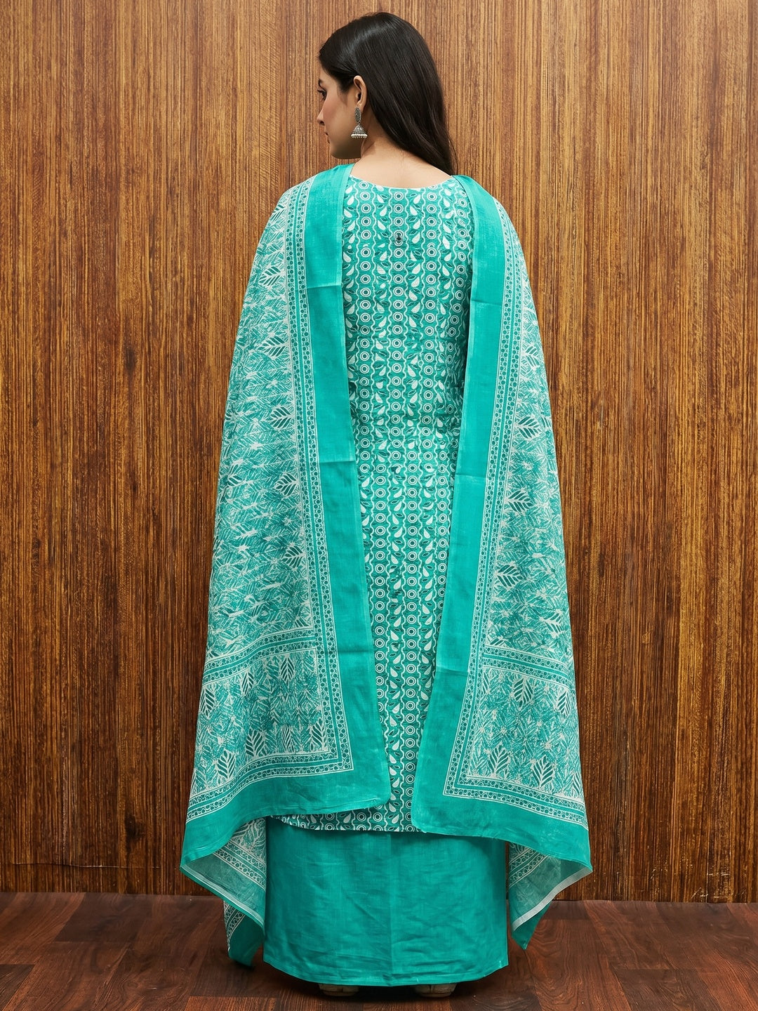 Turquoise Printed With Embroidered Cotton Blend Dress Material - Image 2
