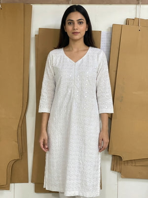 White Sequins Embroidered Rayon Straight Kurti - Image 1