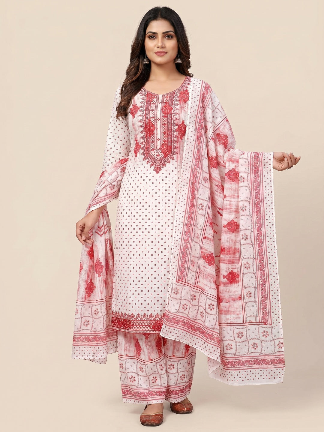 Gajari Pink Printed With Embroidered Cotton Blend Dress Material - Image 1