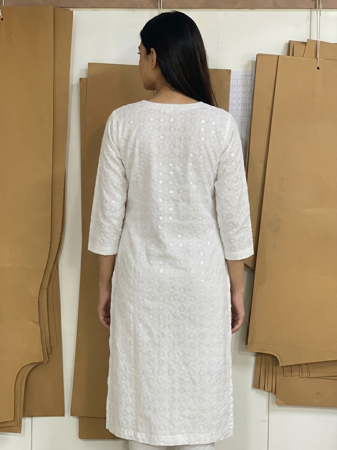 White Sequins Embroidered Rayon Straight Kurti - Image 3
