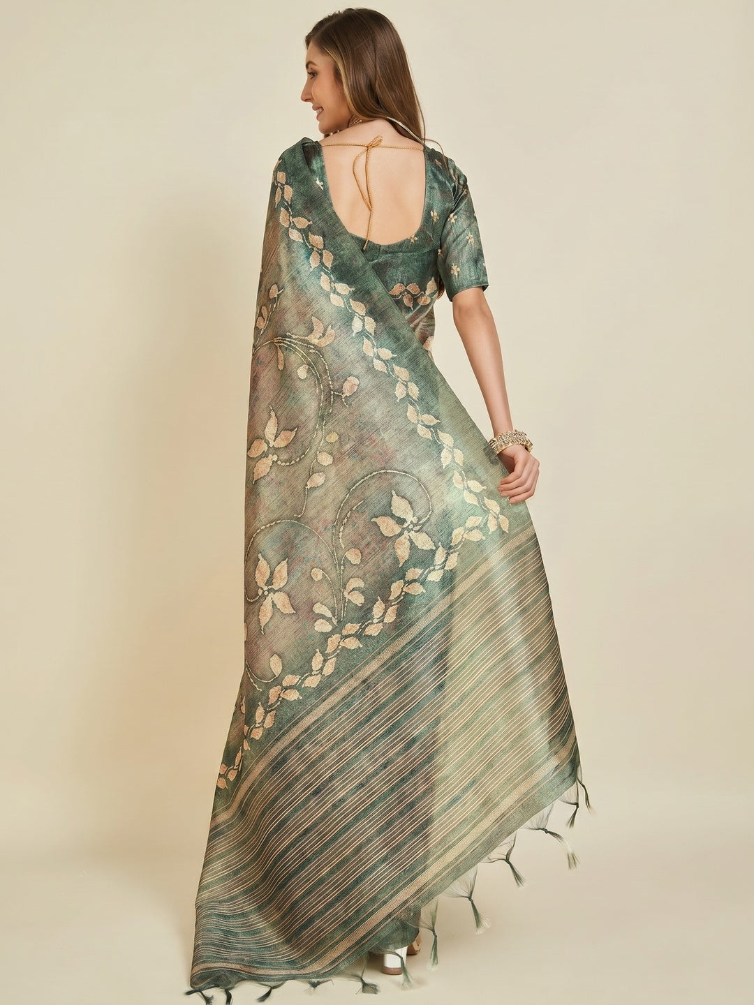Green Digital Printed Bhagalpuri Silk Saree With Tassels - Image 2